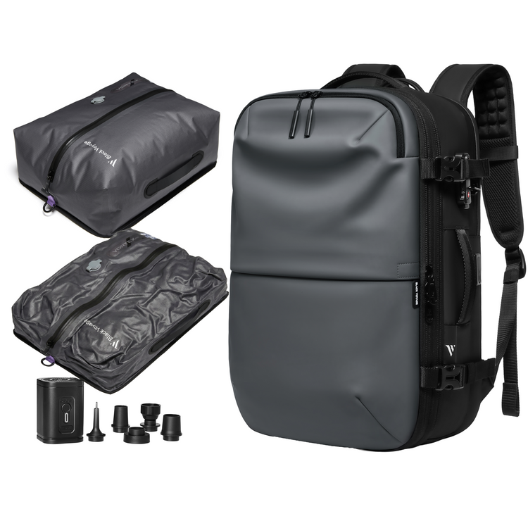 Gray backpack with additional bags and accessories on a white background