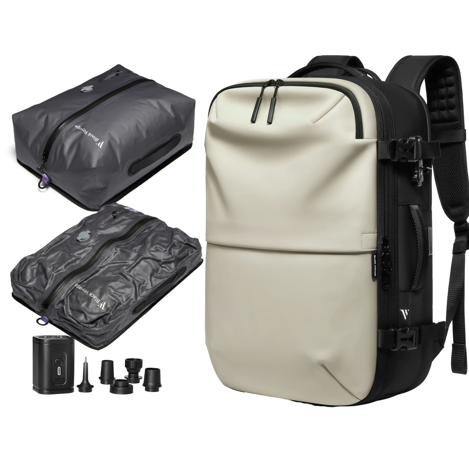 Beige backpack with black straps and a smaller gray bag, along with travel accessories on a white background.