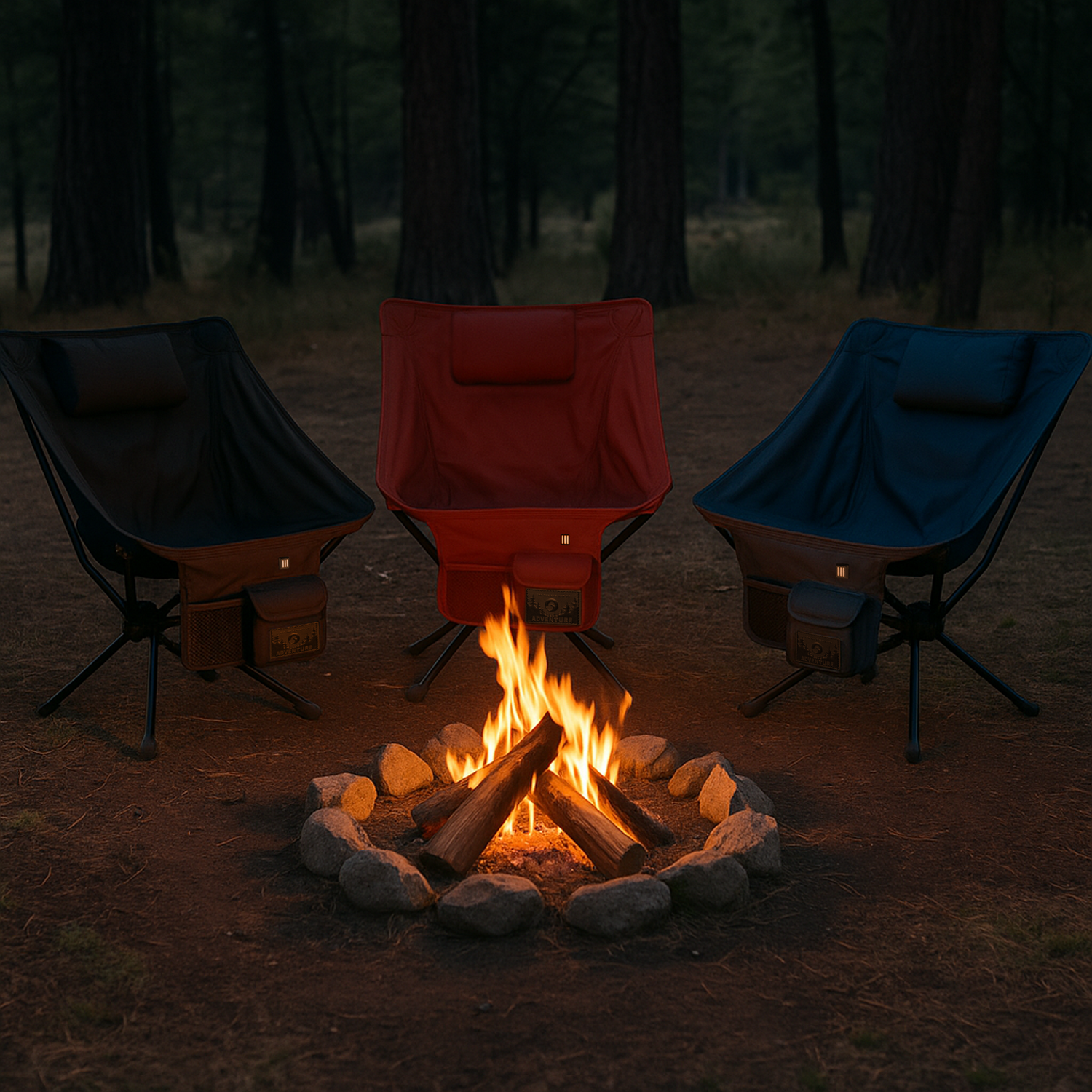 Three colorful camping chairs around a campfire in the woods