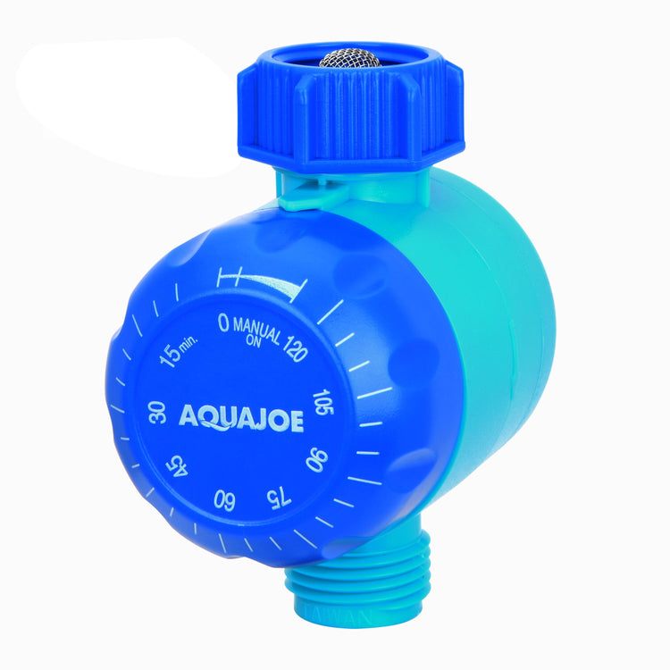 Blue Aquajoe water valve on a white background