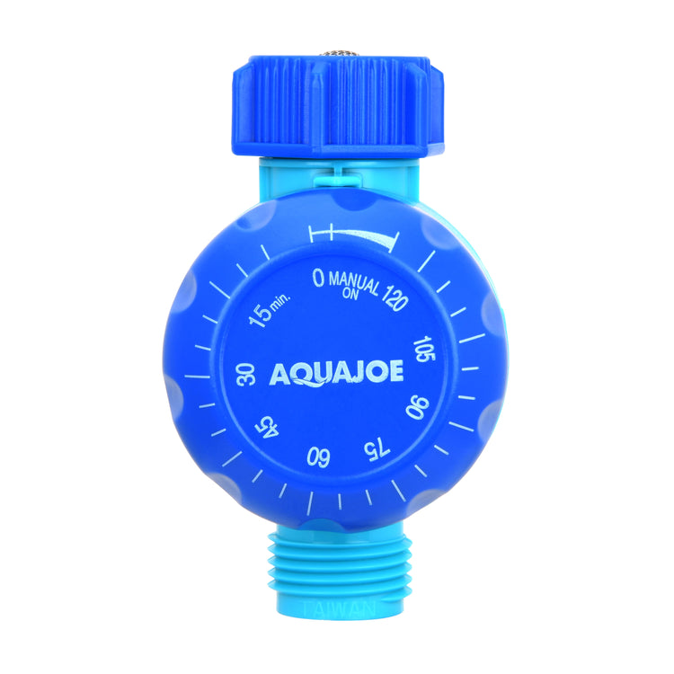 Blue Aquajoe water valve on a white background