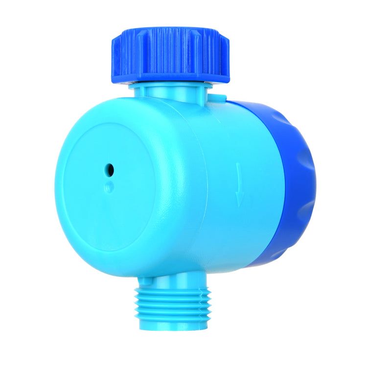 A plastic garden sprinkler or irrigation valve with a bright cyan body, a dark blue threaded bottom outlet, and a ribbed blue top cap, shown on a solid white background.