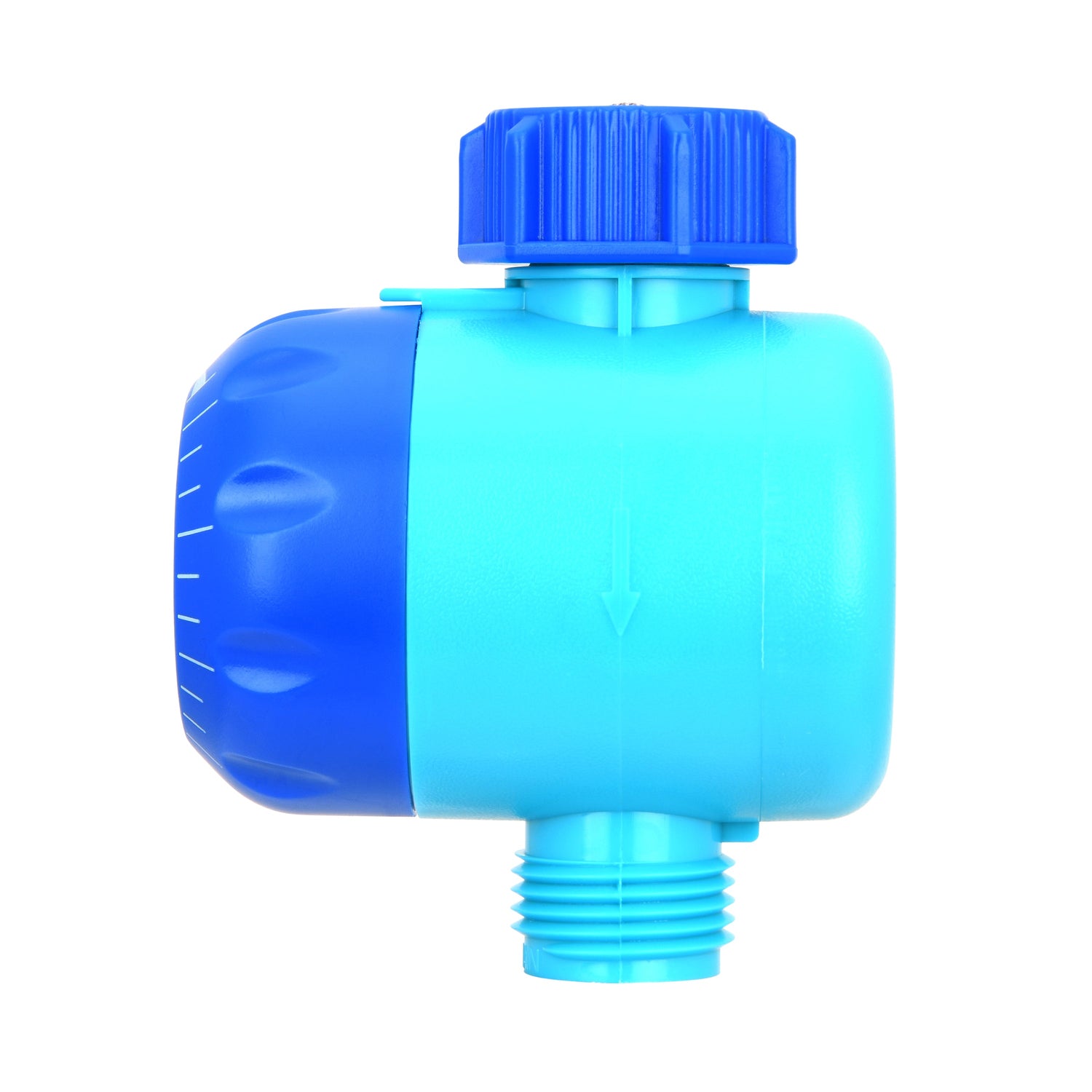 A plastic water filter or flow regulator with a blue top cap and a blue-and-light-blue body, shown on a plain white background.