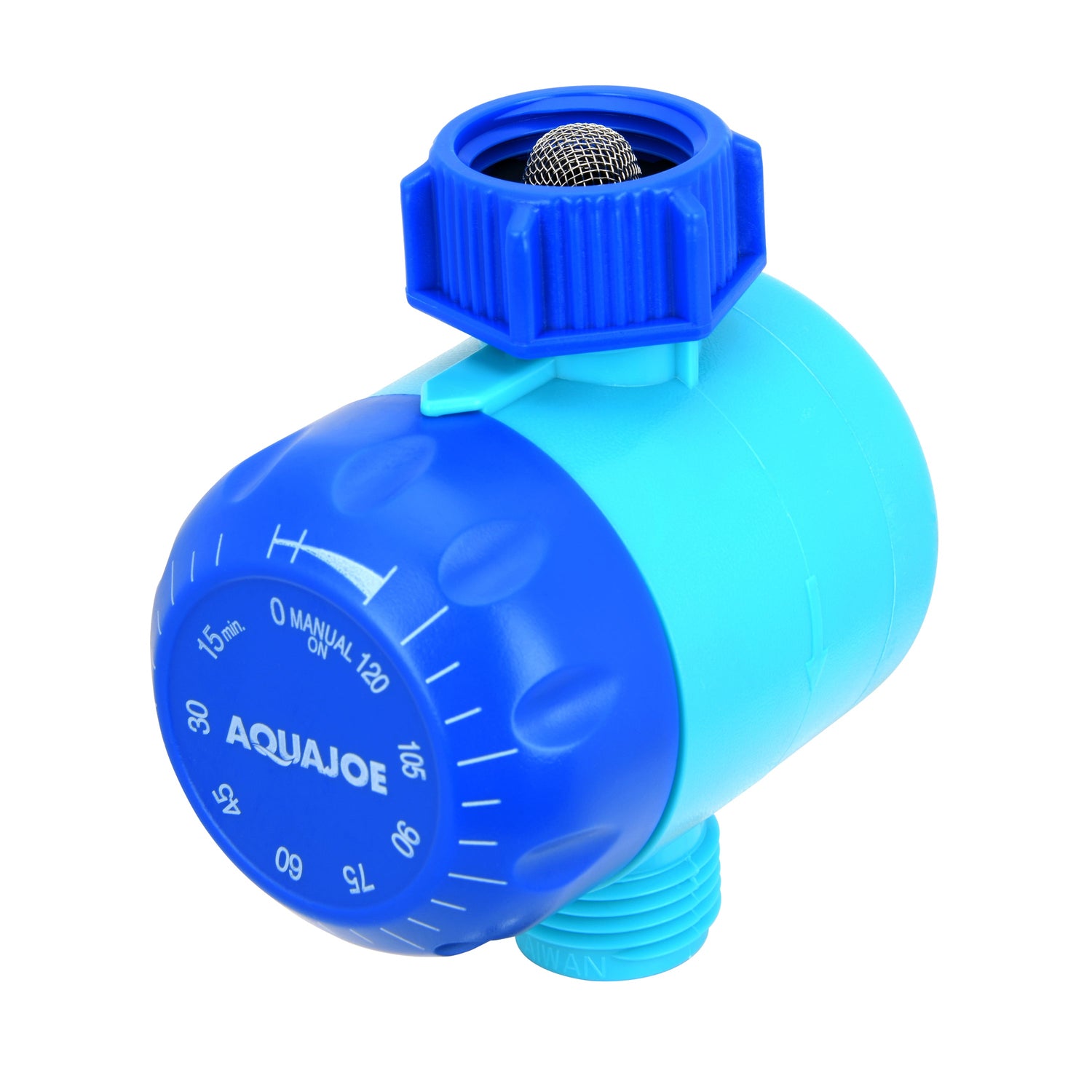 A blue and light blue AquaJoe drip irrigation timer with a top mesh filter, shown on a solid white background.