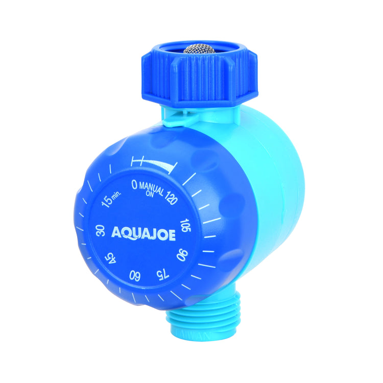 A blue and light blue AquaJoe water gate valve with a dial showing manual flow settings, isolated on a white background.