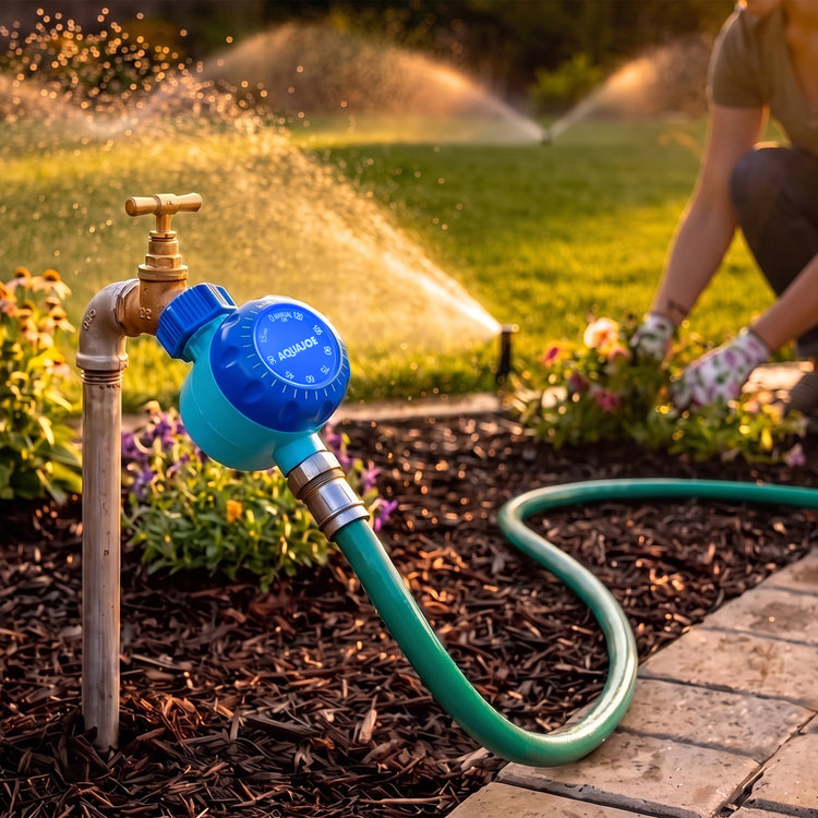 A blue and green automatic garden hose sprinkler attachment connected to a garden hose spigot, watering a landscaped bed with a person watering flowers in the background.