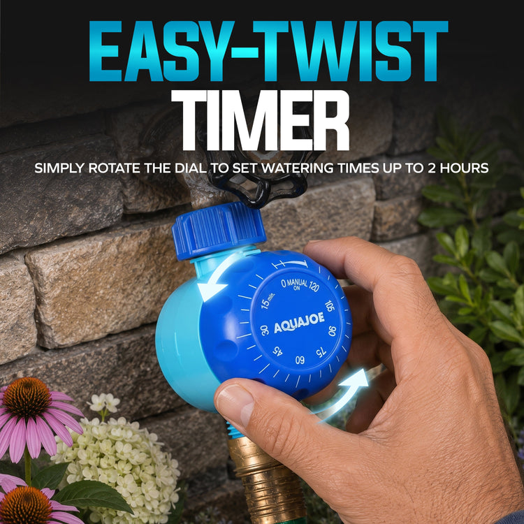 A hand holding a blue and light blue Aqualogic easy-twist timer valve adapter attached to a brass garden hose, set against a stone wall background with flowers and greenery. Text overlays read 'EASY-TWIST TIMER' and 'SIMPLY ROTATE THE DIAL TO SET WATERING TIMES UP TO 2 HOURS'.