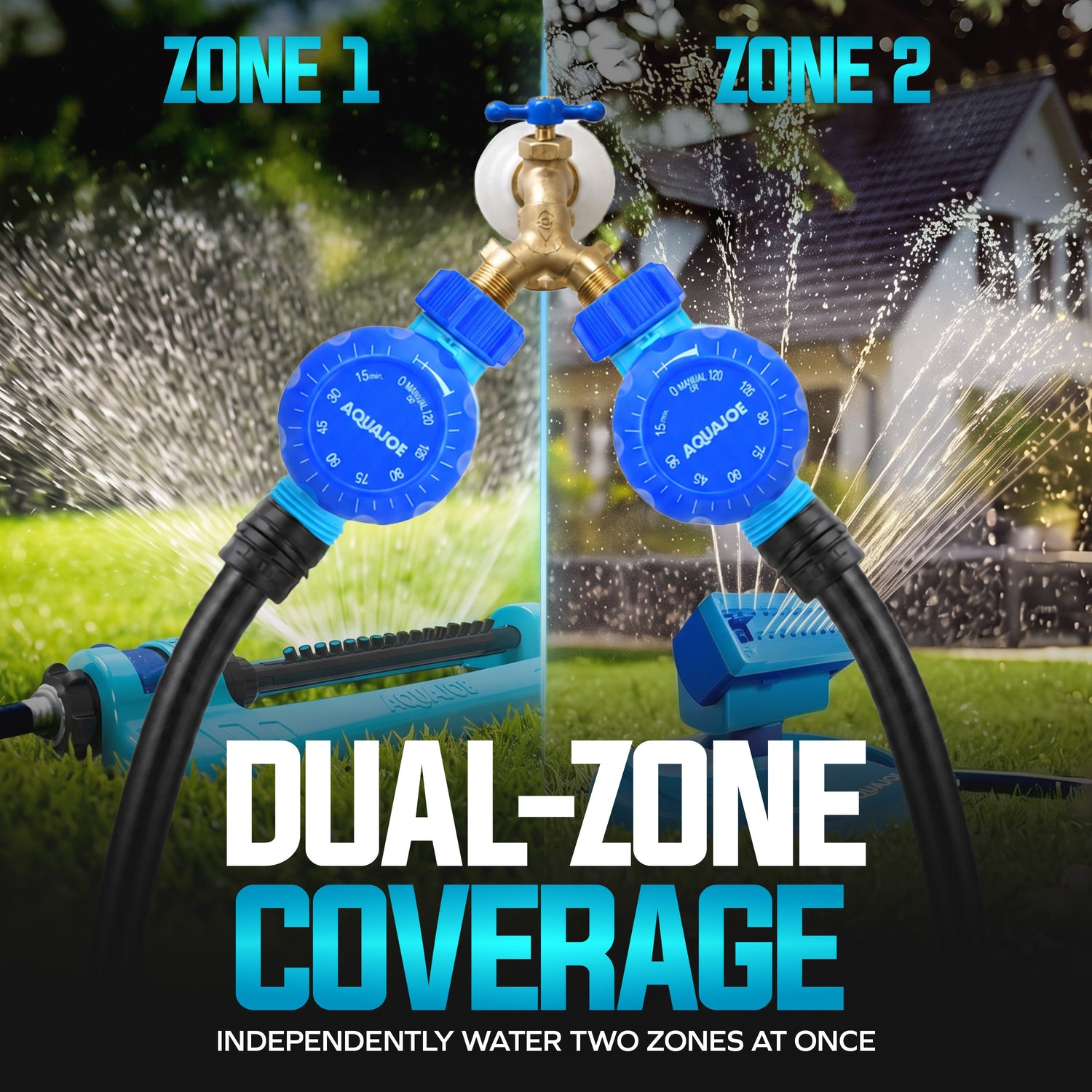 A dual-zone garden hose sprinkler shown in a split outdoor scene with water spraying from both zones. The product has two blue circular zone controls labeled Zone 1 and Zone 2, attached to black hoses.