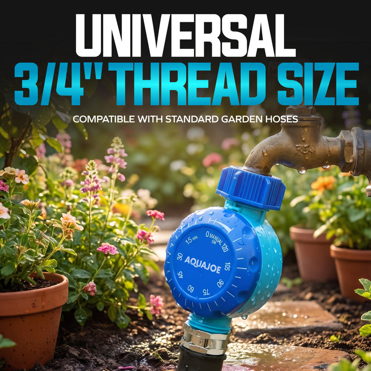 A blue Aquajoe universal 3/4-inch thread size garden hose connector shown in a garden setting with flowers, soil, and a hose fitting. Large text at the top reads 'UNIVERSAL 3/4" THREAD SIZE' and 'COMPATIBLE WITH STANDARD GARDEN HOSES.