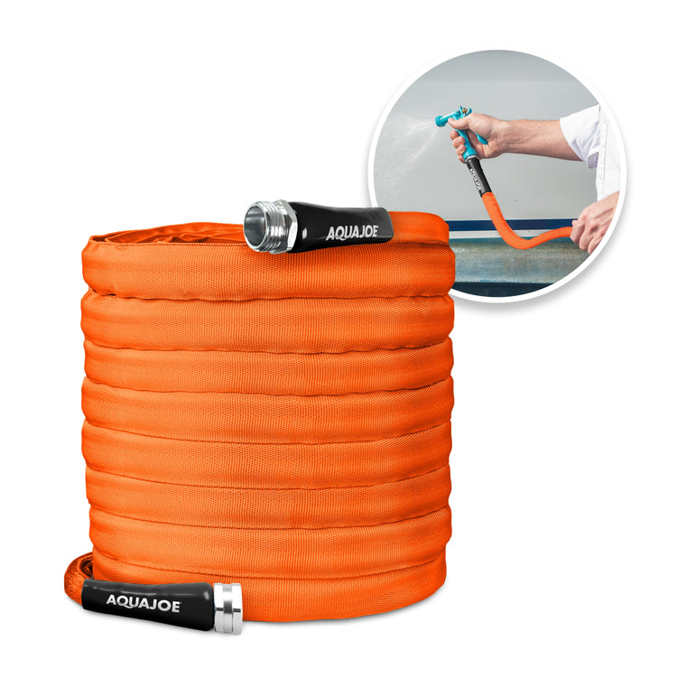 Orange garden hose with Aquajoe branding on a white background