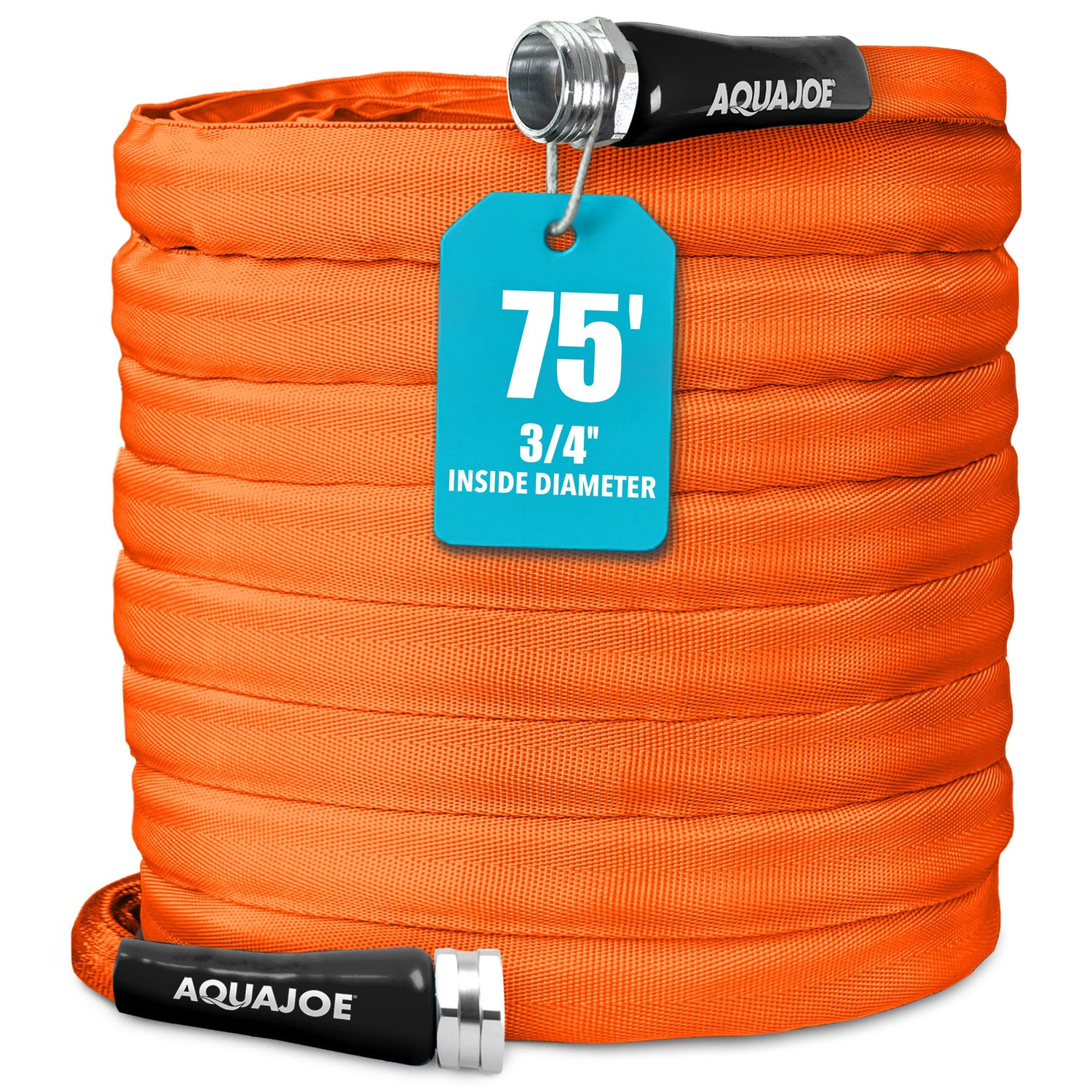 Orange rope with a blue tag displaying specifications, branded 'Aquajoe'.