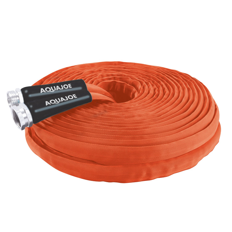 Orange garden hose with black and silver Aquajoe nozzle on a white background