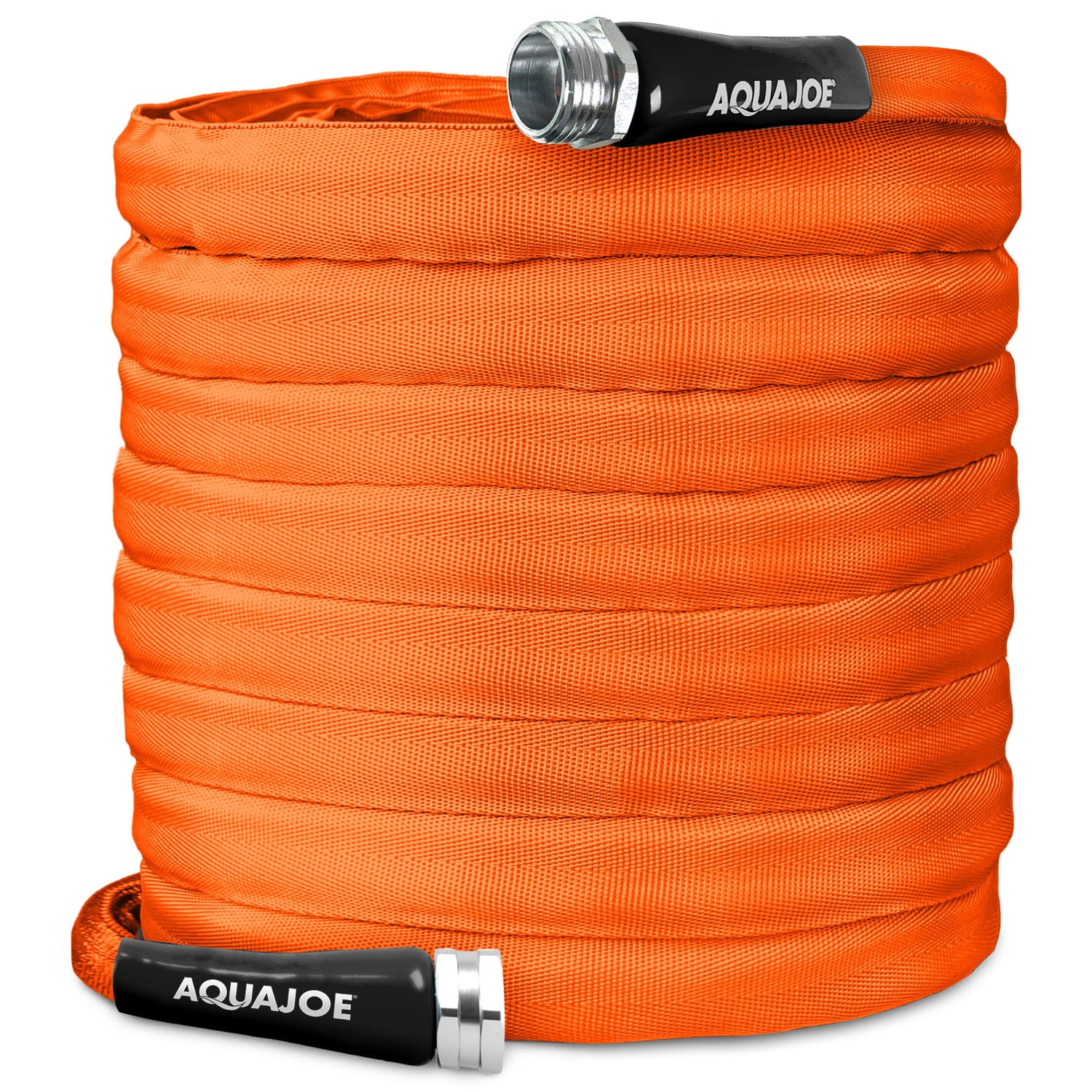 Orange garden hose with black and silver Aquajoe branding on a white background