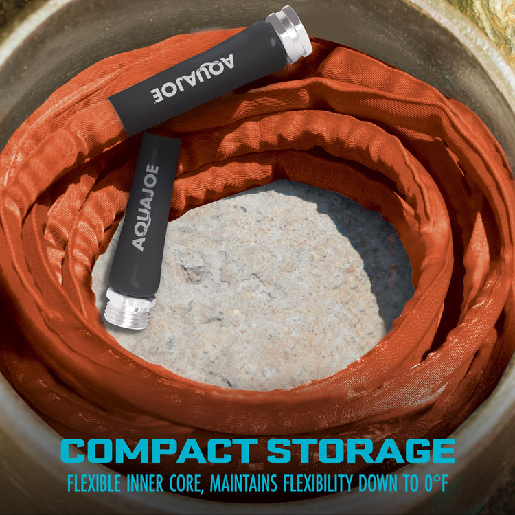 Orange hose with Aquajoe branding and text about compact storage.