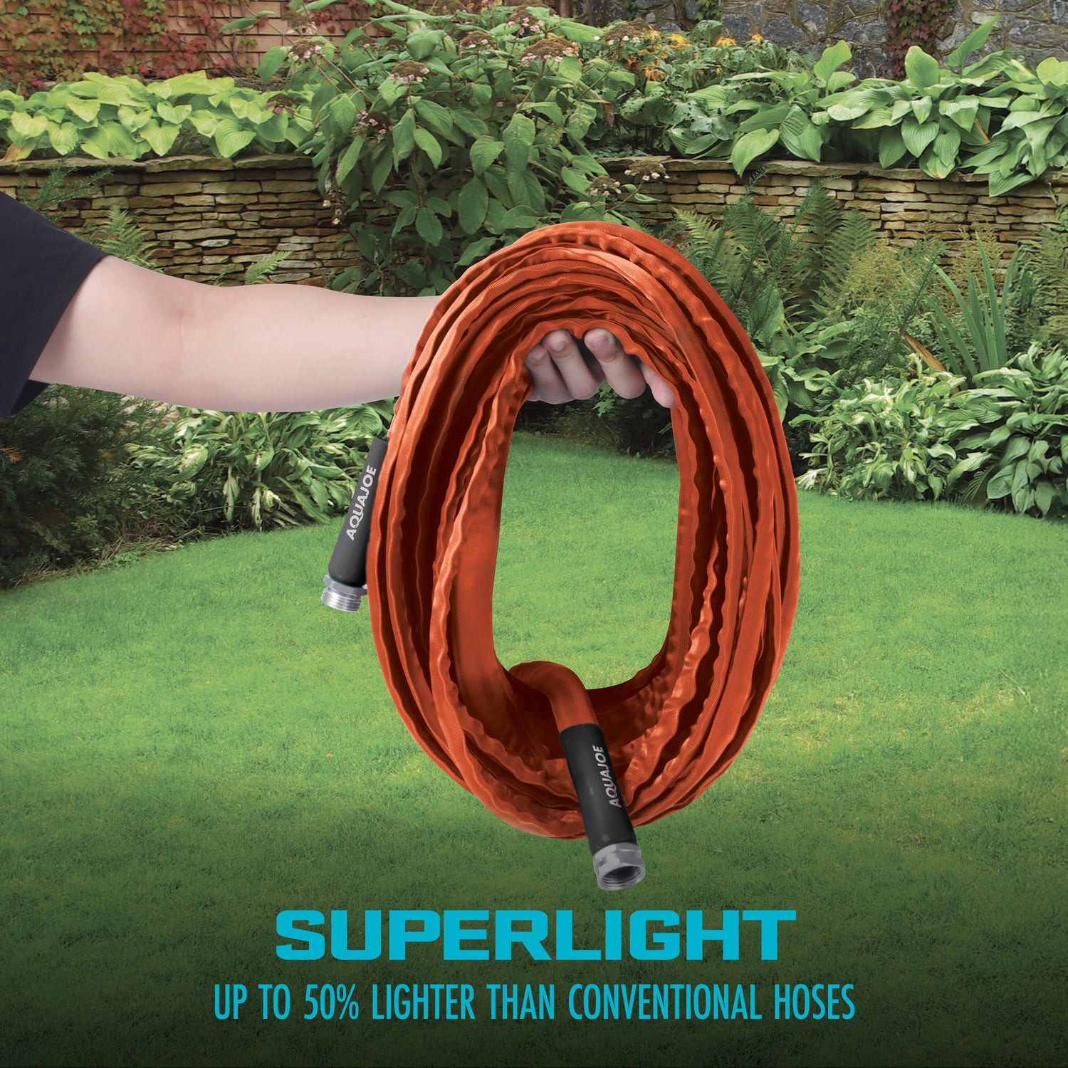 Person holding a coiled orange garden hose with text 'Superlight' and 'up to 50% lighter than conventional hoses' against a garden background.