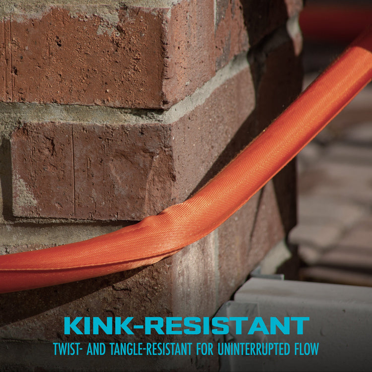 Orange hose against a brick wall with text 'Kink-Resistant' on a blurred background