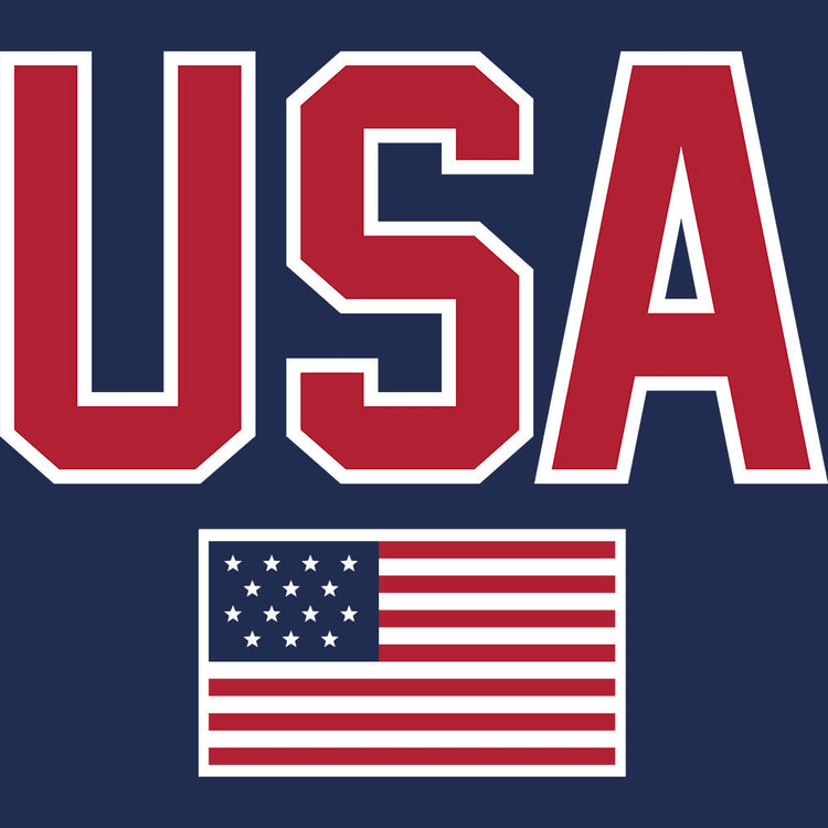 Large 'USA' letters with an American flag on a blue background