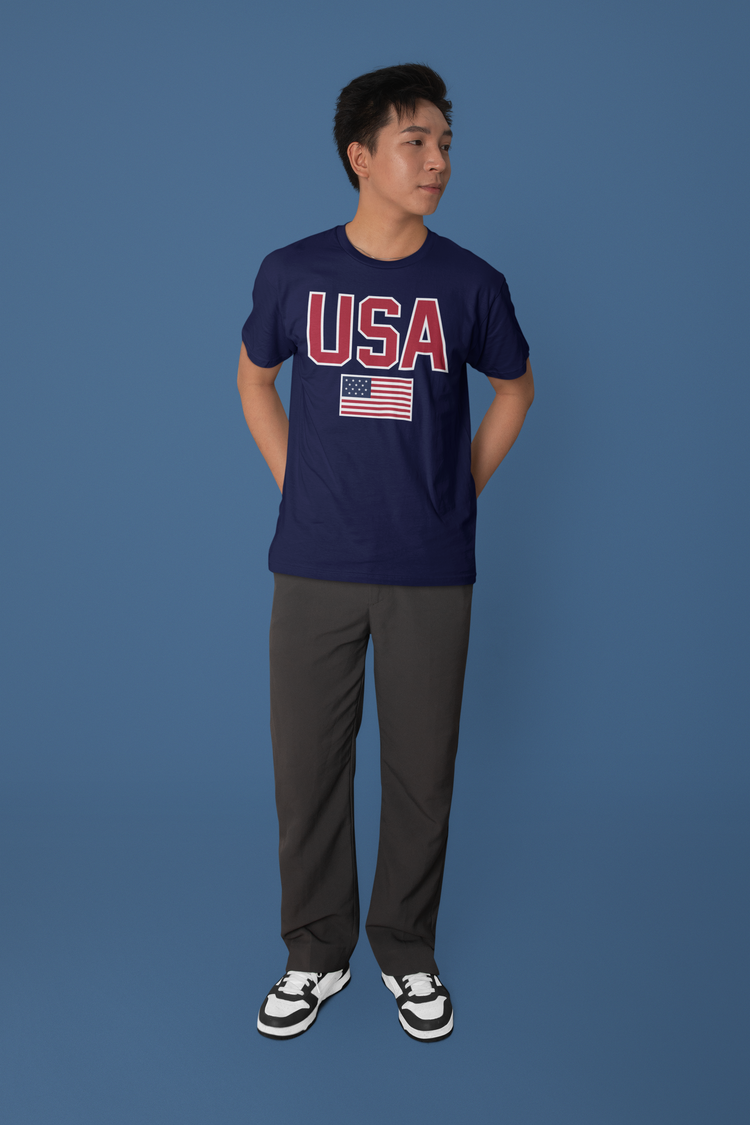 Person wearing a navy blue 'USA' t-shirt with an American flag on a blue background