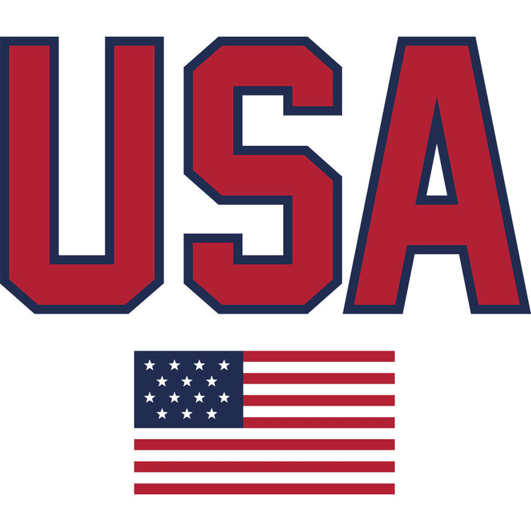 Large red 'USA' letters with an American flag below on a white background