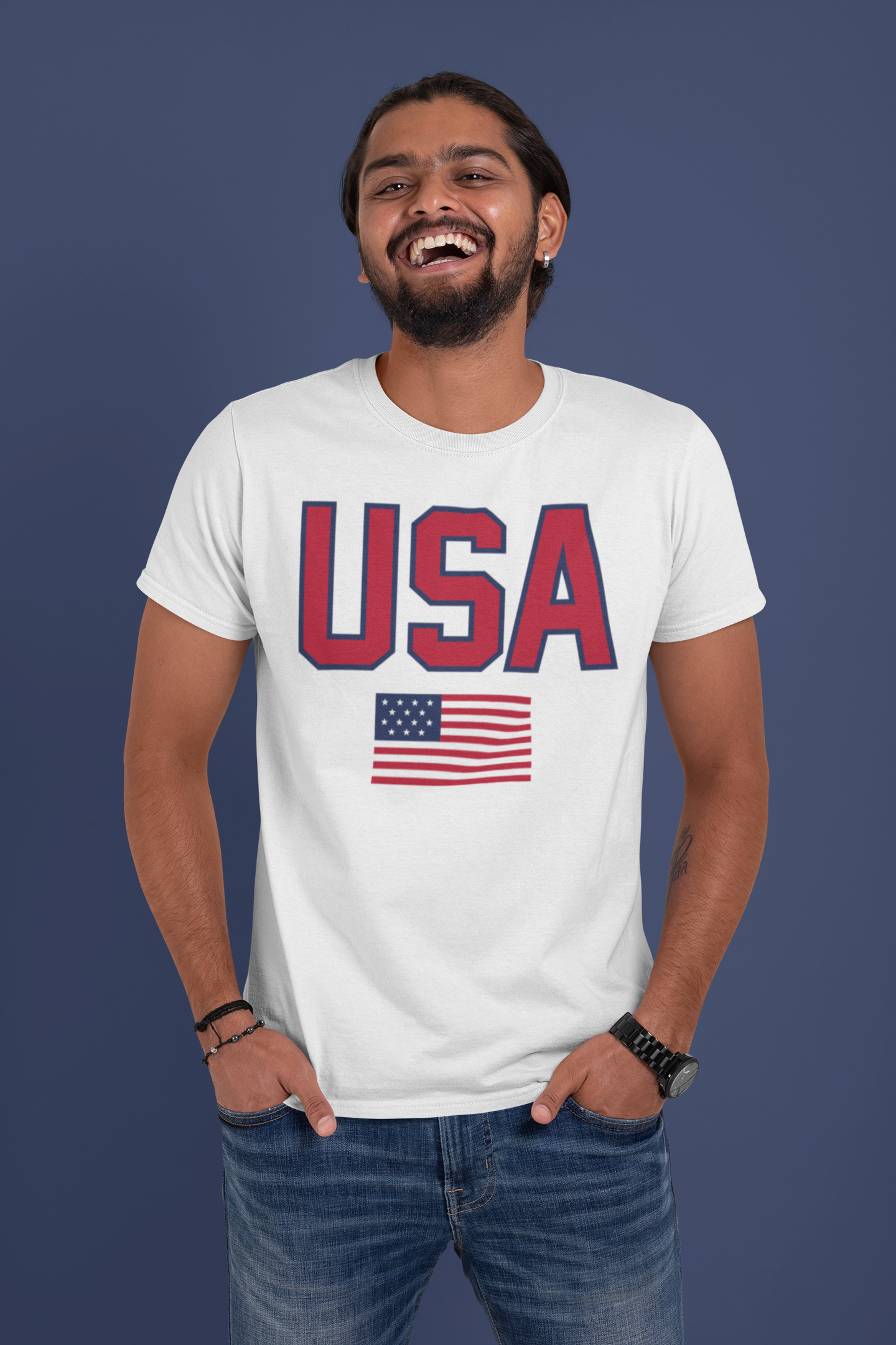 Man wearing a white t-shirt with 'USA' and an American flag on a blue background
