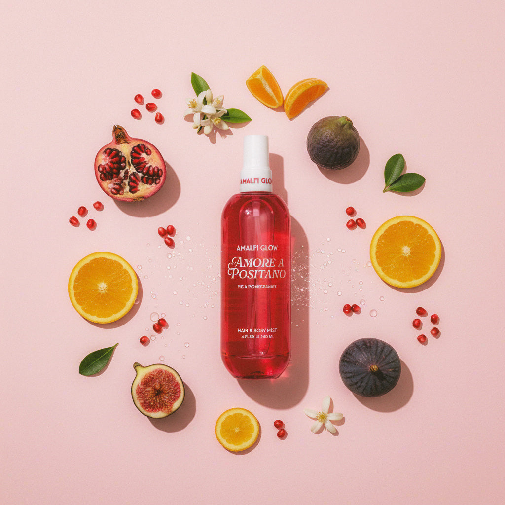 Red bottle with white cap on a pink background surrounded by fruits and flowers