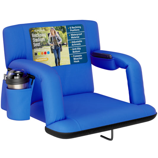 Black stadium seat with armrests, cup holder, and screen displaying product features on a white background.