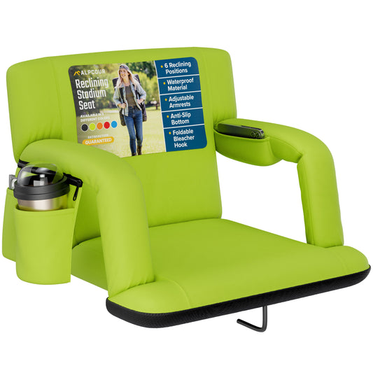 Black stadium seat with armrests, cup holder, and screen displaying product features on a white background.