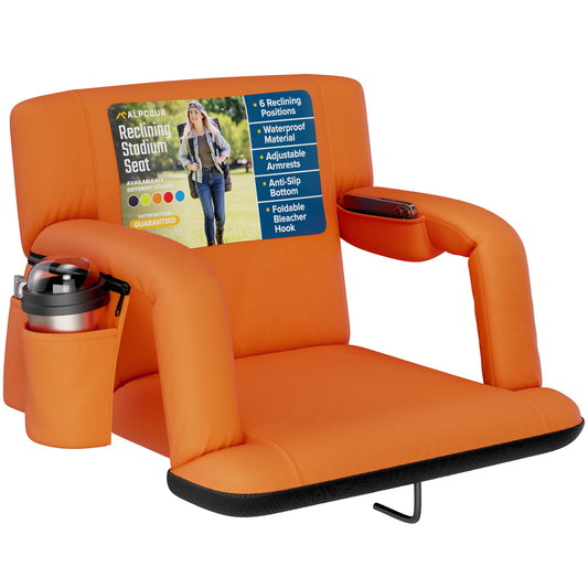 Black stadium seat with armrests, cup holder, and screen displaying product features on a white background.