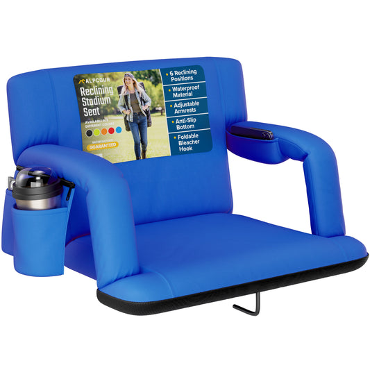 Black stadium seat with armrests, cup holder, and tablet stand on a white background