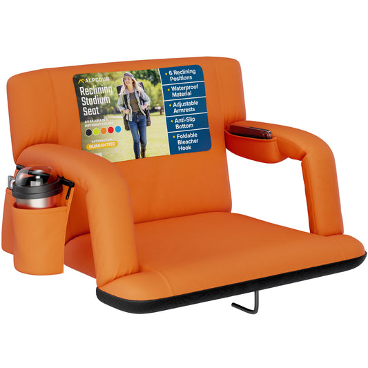 Black stadium seat with armrests, cup holder, and tablet stand on a white background
