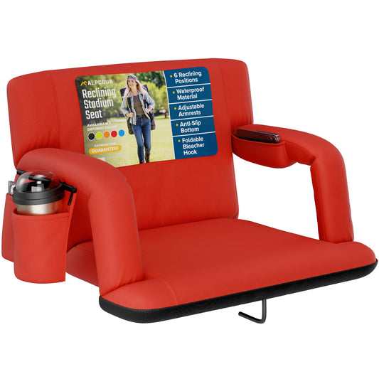 Black stadium seat with armrests, cup holder, and tablet stand on a white background