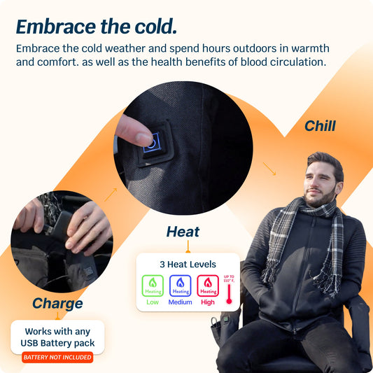 Black heated stadium seat with digital display and cup holder on a white background