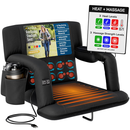 Black heat and massage seat with digital display and cup holder on a white background