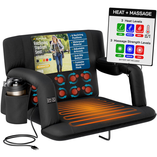 Black heat and massage seat with digital display and cup holder on a white background