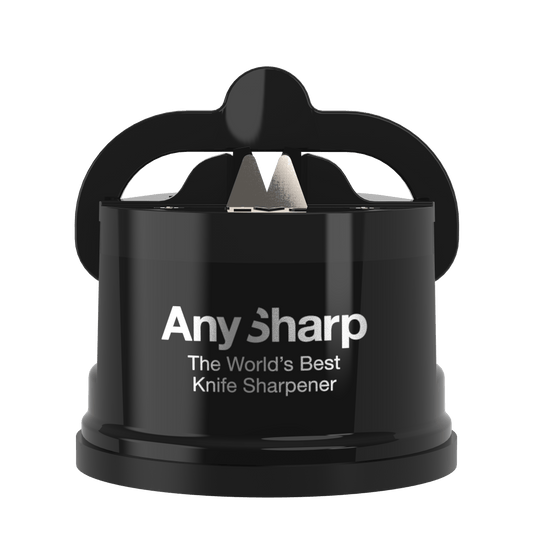 A black AnySharp Knife Sharpener with a suction cup base and silver tungsten carbide blades.