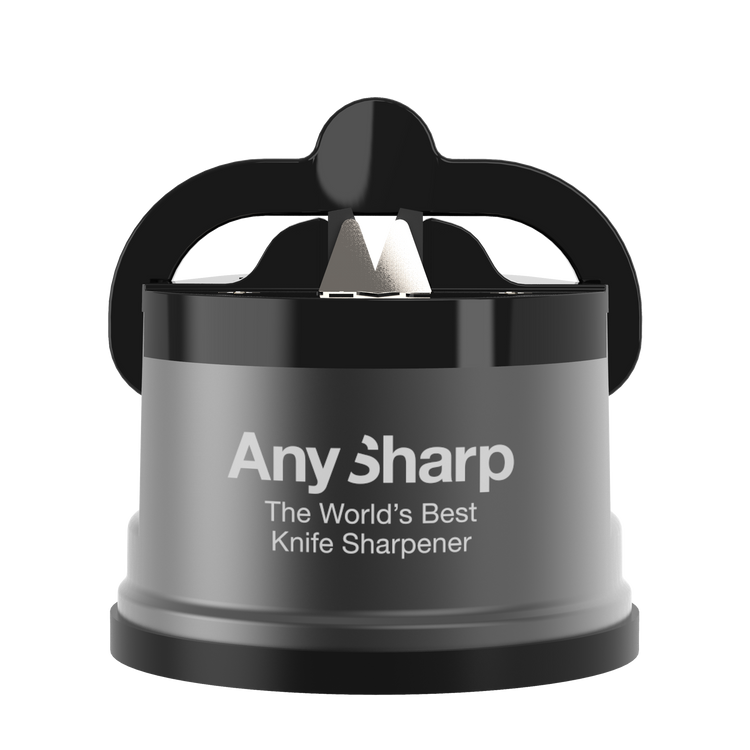 Knife sharpener with 'Any Sharp' branding on a white background