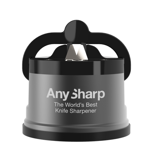 Knife sharpener with 'Any Sharp' branding on a white background