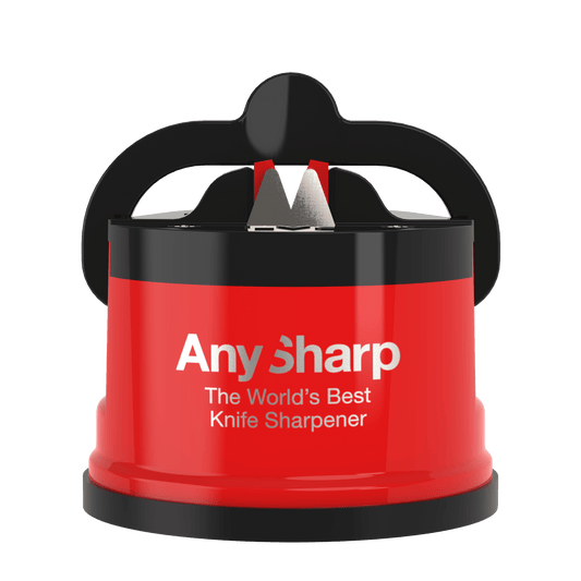 A black AnySharp Knife Sharpener with a suction cup base and a metallic sharpening element, positioned on a neutral background.