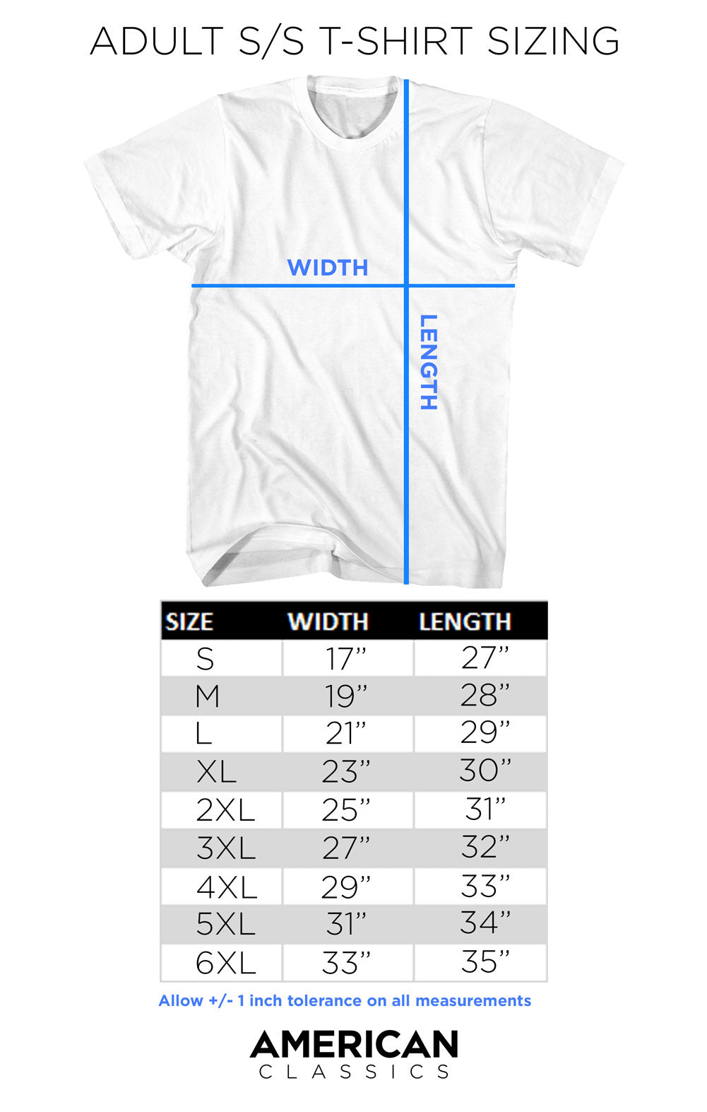 Sizing chart for adult short-sleeve t-shirts with measurements and American Classics branding.