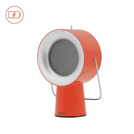 Red and white Airhood speaker on a white background