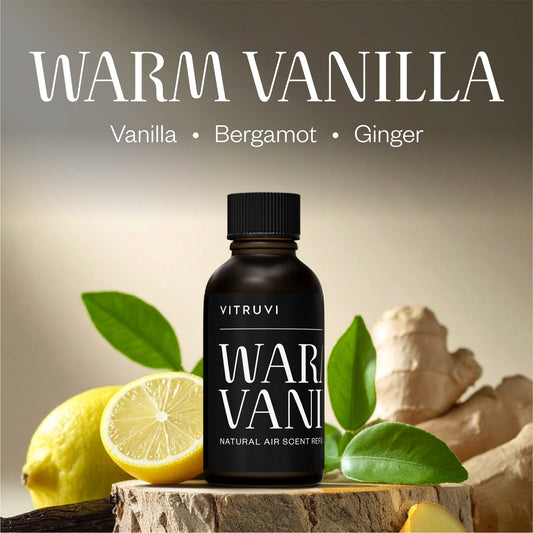 Vitruvi Warm Vanilla air scent refill box on a white background