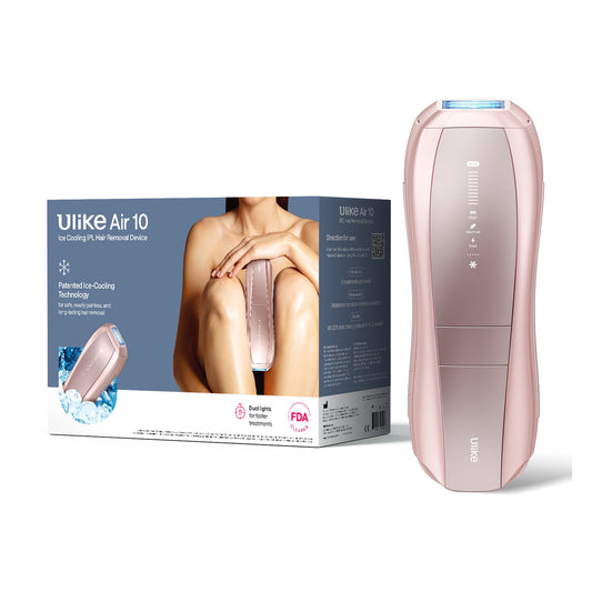 Rose gold Ulike Air 10 hair removal device with packaging on a white background