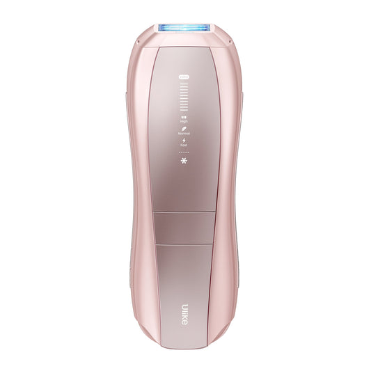 Rose gold Ulike Air 10 hair removal device with packaging on a white background
