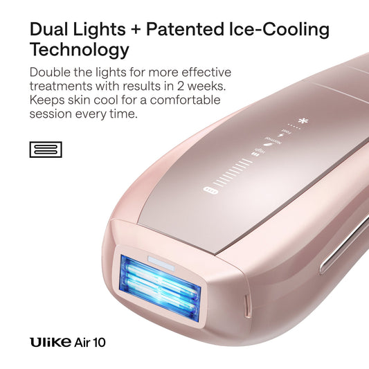 Rose gold Ulike Air 10 hair removal device with packaging on a white background