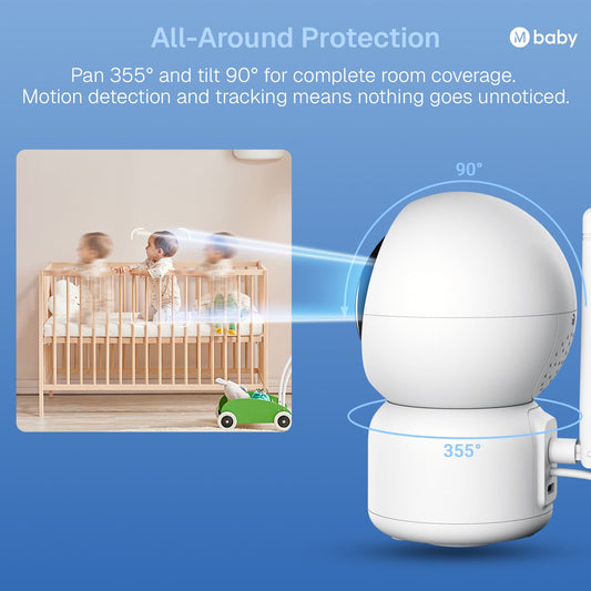 Baby monitor with a baby in a crib and text about soothing lullabies.