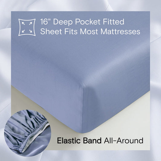 Bed with light blue bedding and pillows in a bright room with large windows.