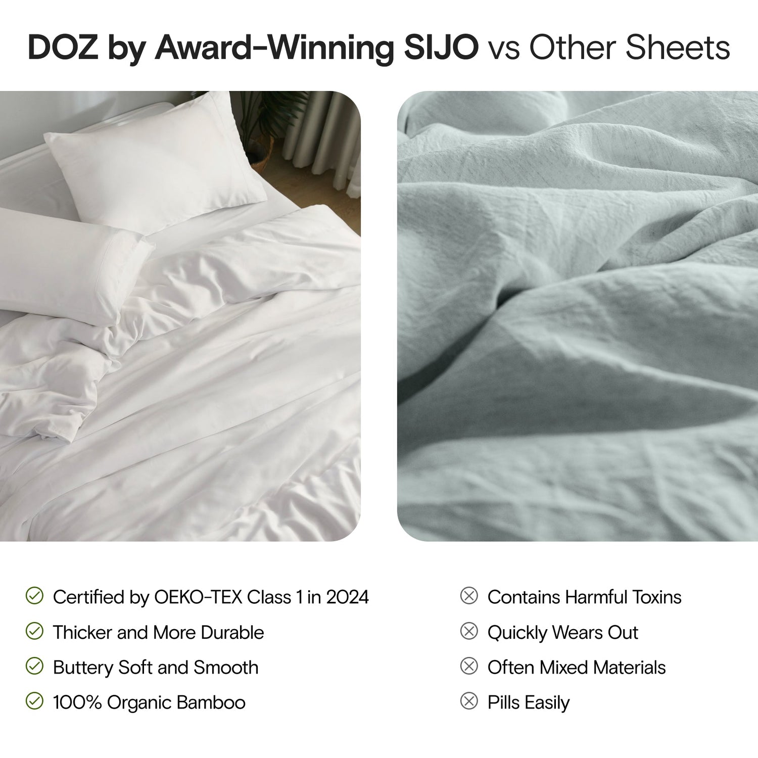 Comparison of DOZ by Award-Winning SIJO sheets with other sheets, highlighting features and certifications.
