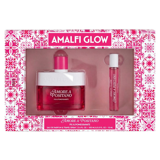 Amore a Positano perfume set in a decorative box with 'Amalfi Glow' branding.