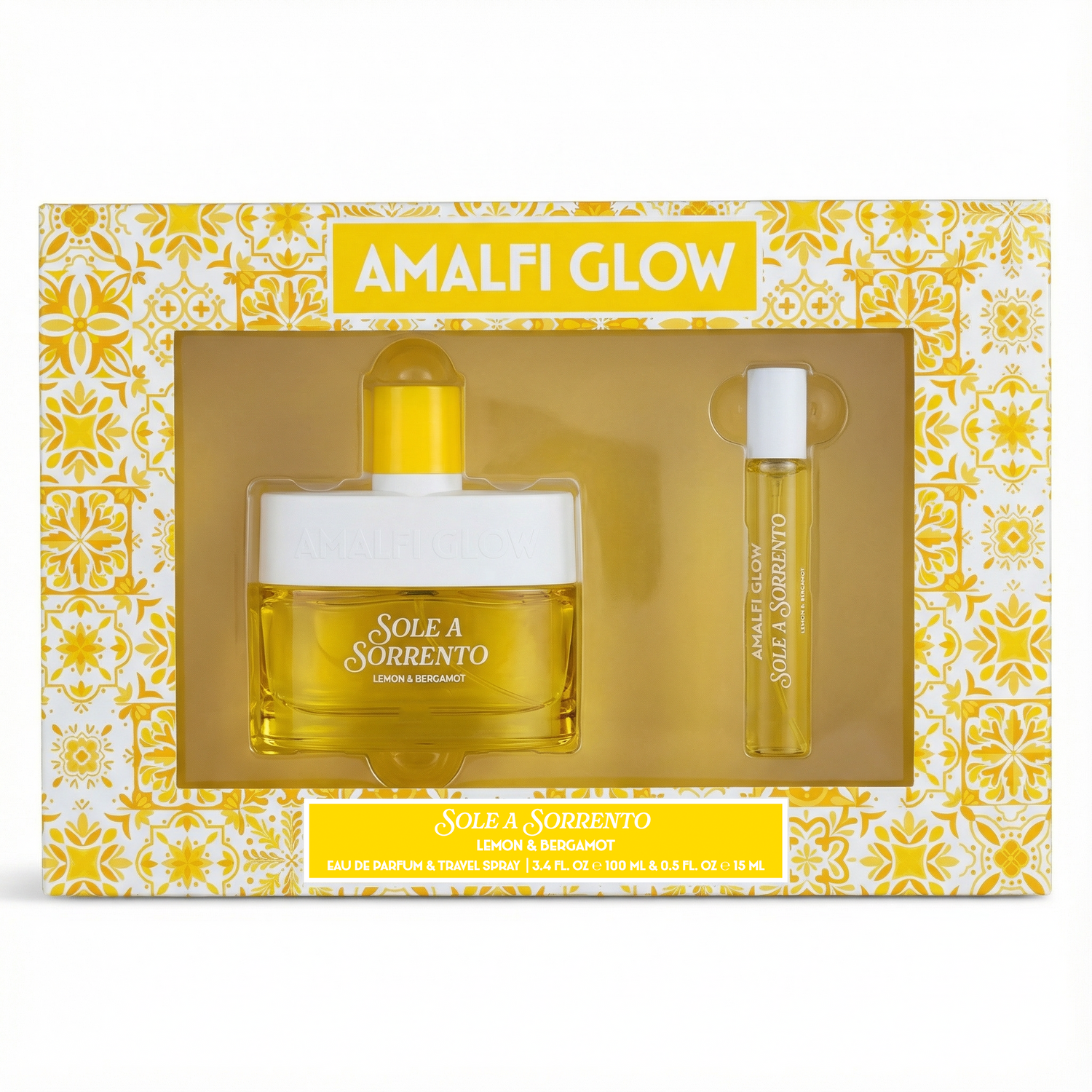 Amalfi Glow perfume set with two bottles in a decorative box