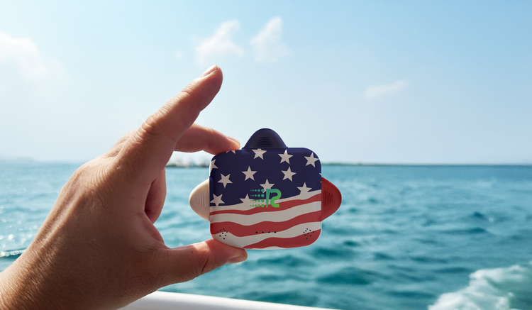 Hand holding a star-shaped object with American flag design against a blue ocean background